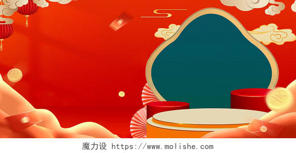 红色简约中国风年货盛宴电商活动促销展板背景